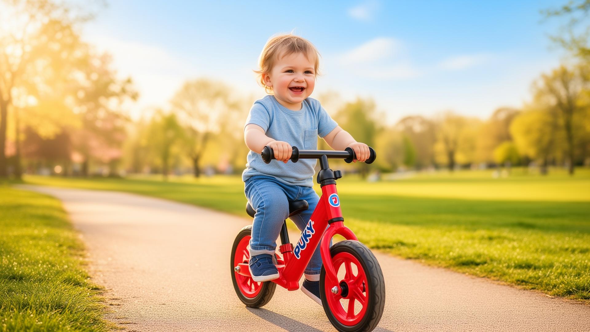 Vrolijk peutertje van 2 jaar rijdt op een rode Puky loopfiets in het park